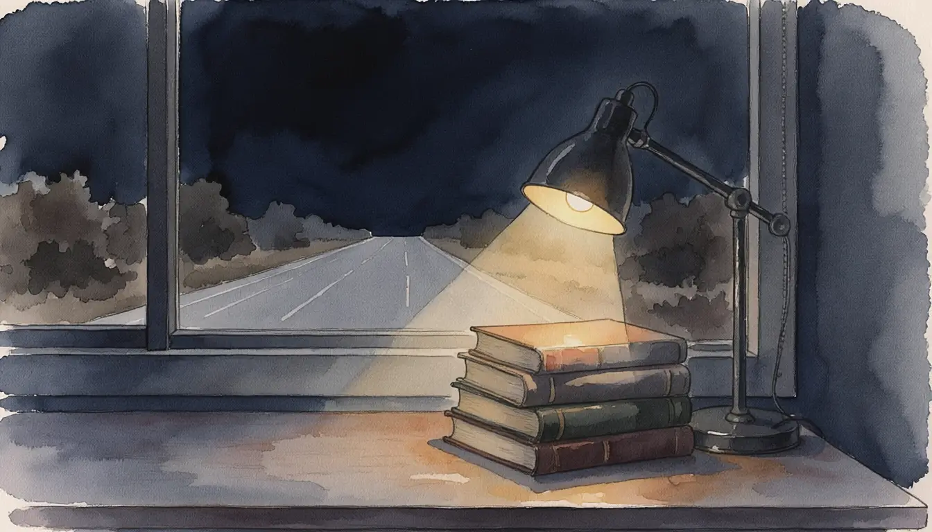 暗い部屋で4冊の積んだ本にスポットライトが当たっている。