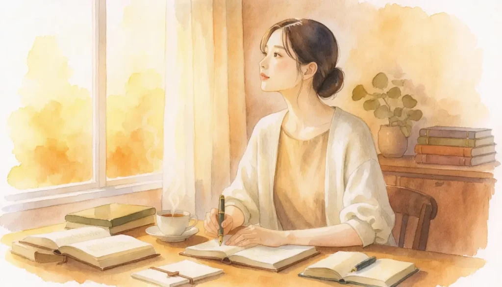 美しい女性が光の指す書斎でたたずんでいる