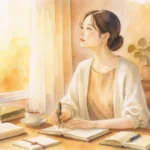 美しい女性が光の指す書斎でたたずんでいる