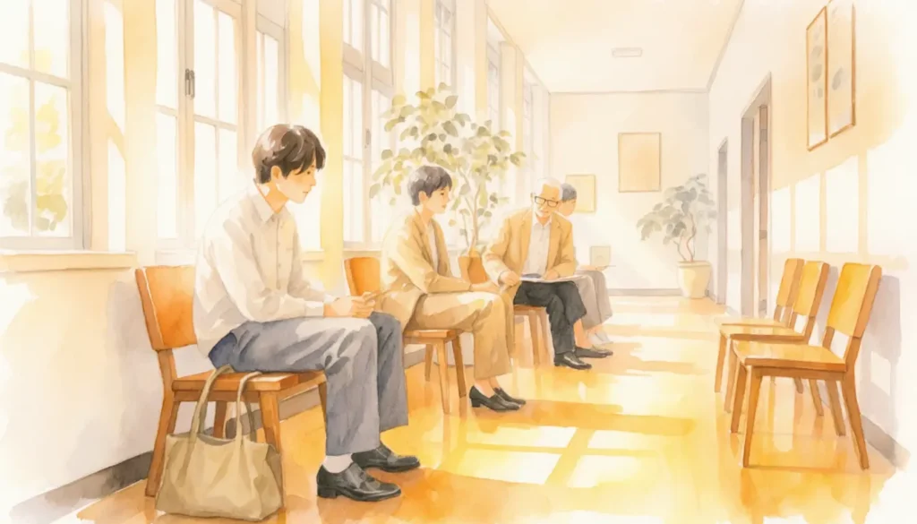 明るい校舎の廊下で面接試験の順番待ちをする人たち