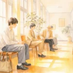 明るい校舎の廊下で面接試験の順番待ちをする人たち