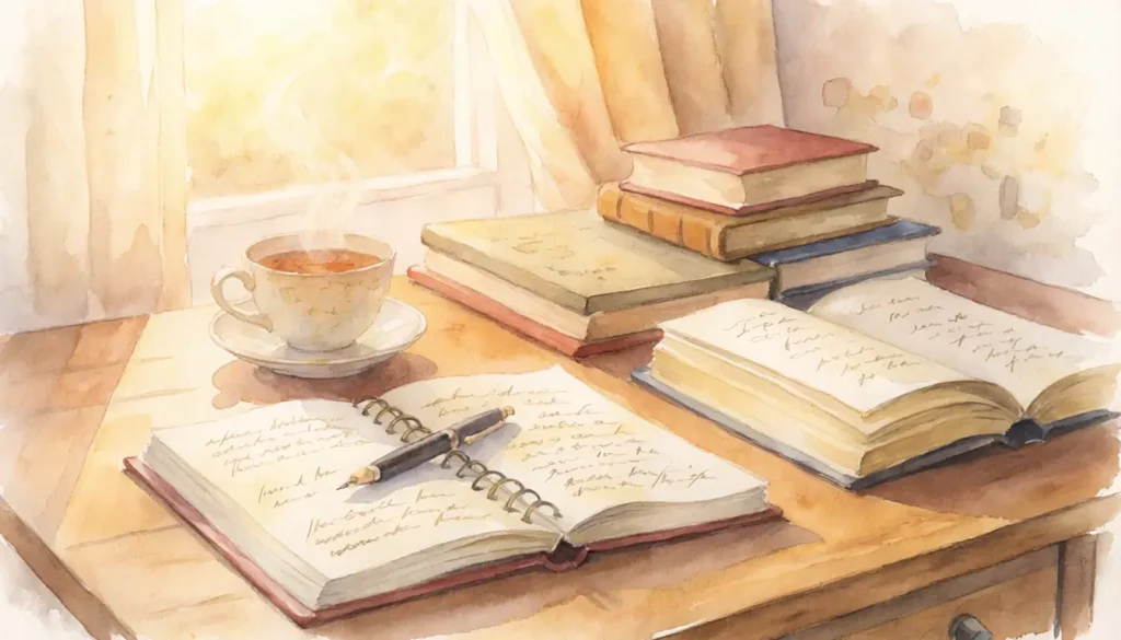 木の机の上にある手書きのノートと一杯の紅茶