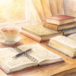 木の机の上にある手書きのノートと一杯の紅茶