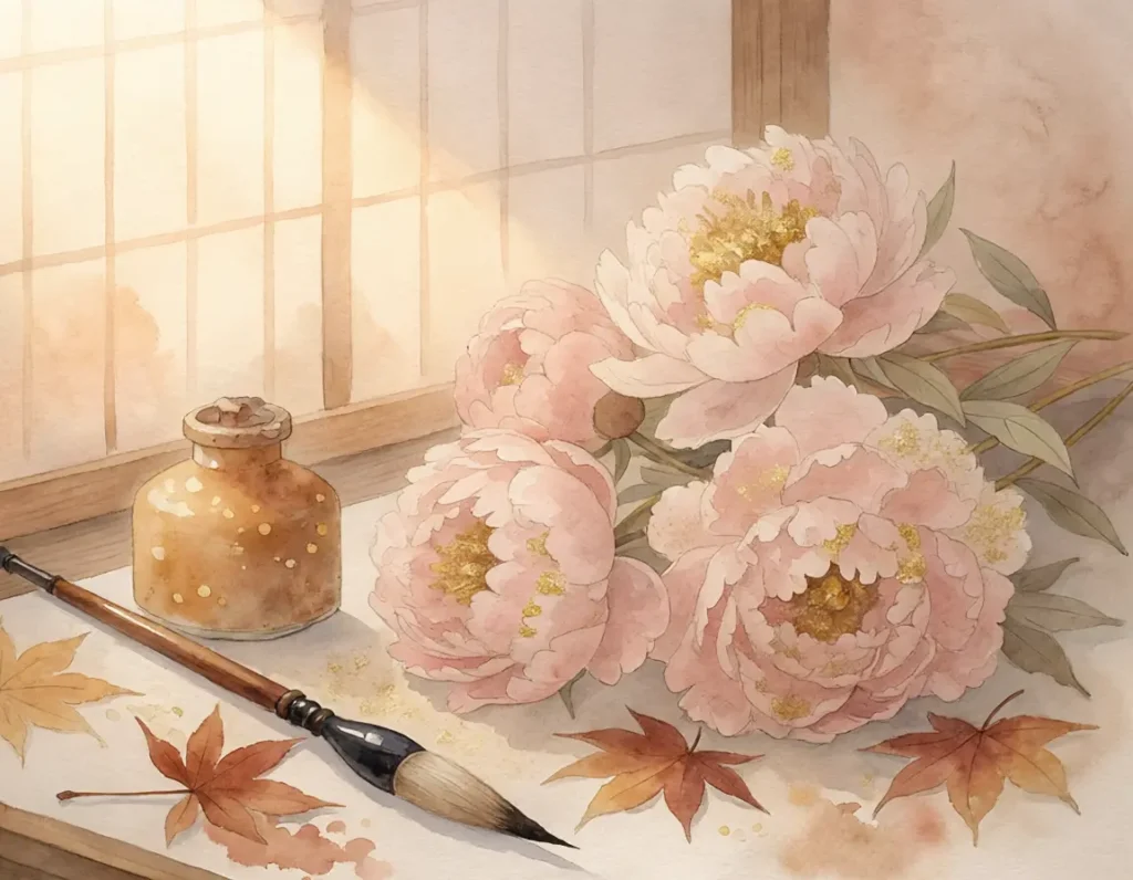 春の午後、机の上にある桃色の花と筆、紅葉