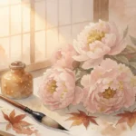 春の午後、机の上にある桃色の花と筆、紅葉