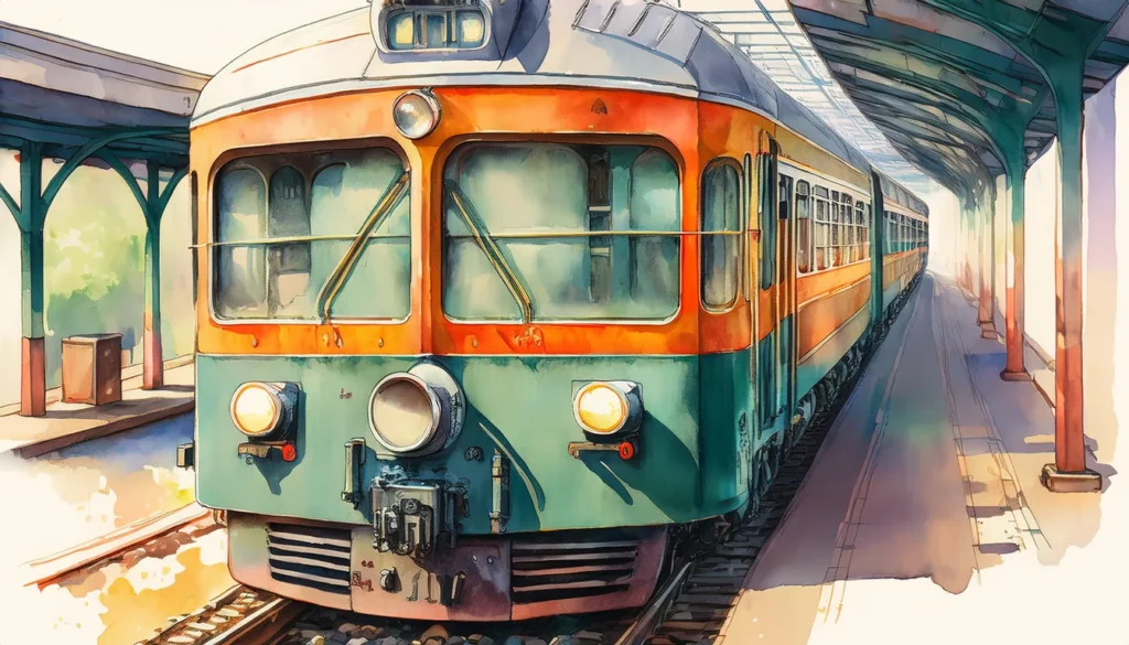 中央前橋駅のホームに停まる、前面の上がオレンジ・下が緑の古い電車を描いた水彩画