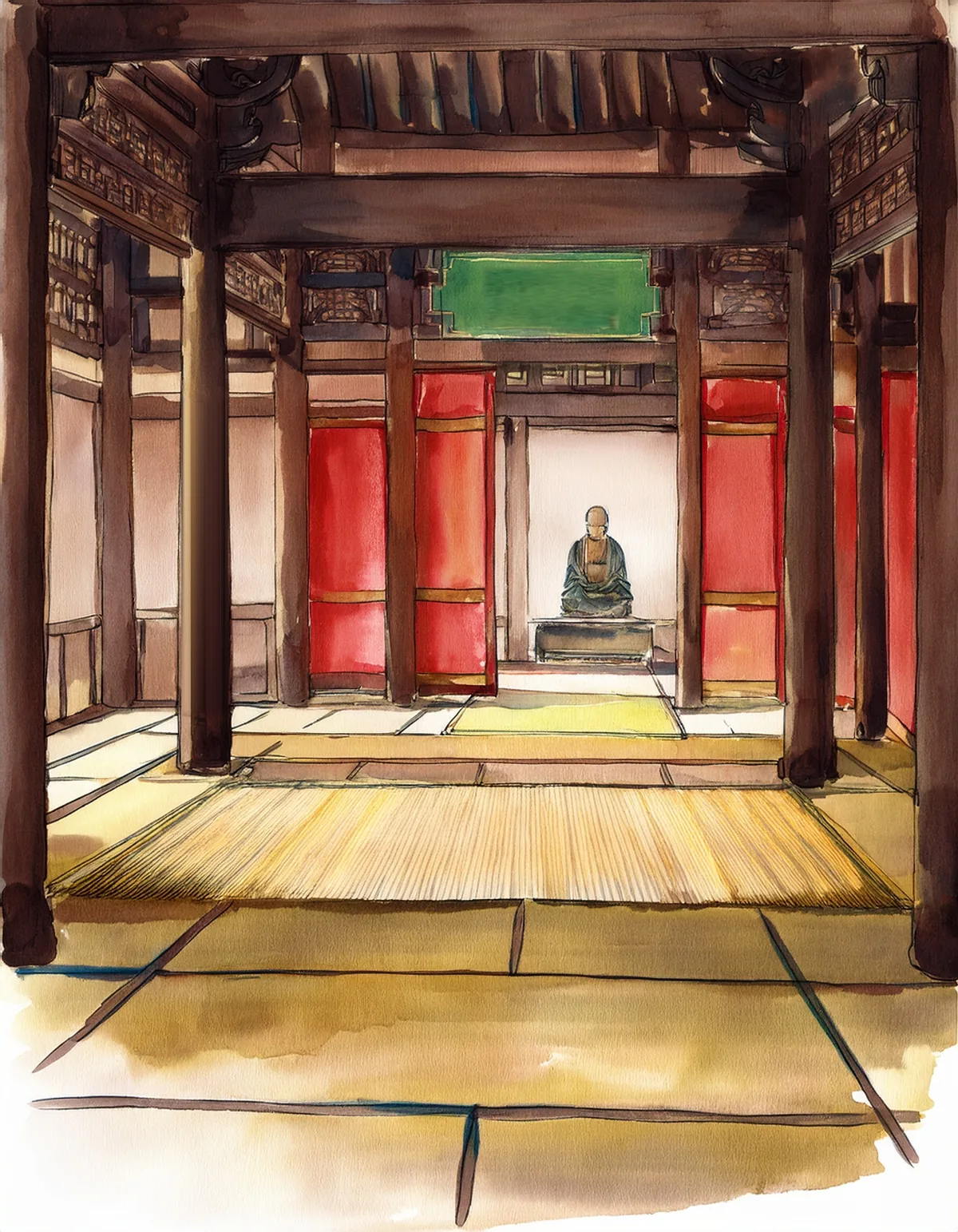大成殿の奥に座る孔子坐像を描いた水彩画(写真をもとに Adobe Firefly で作成したイメージ)