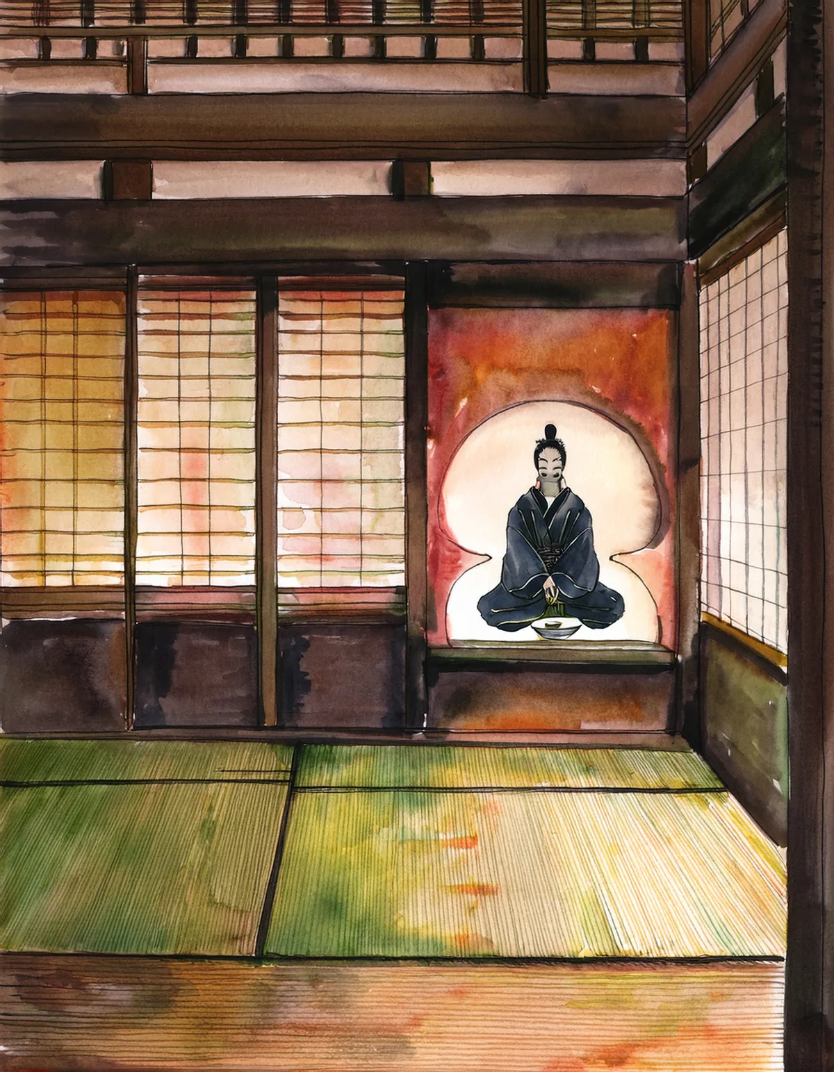 火灯窓の中の小野篁坐像を描いた水彩画(写真をもとに Adobe Firefly で作成したイメージ)
