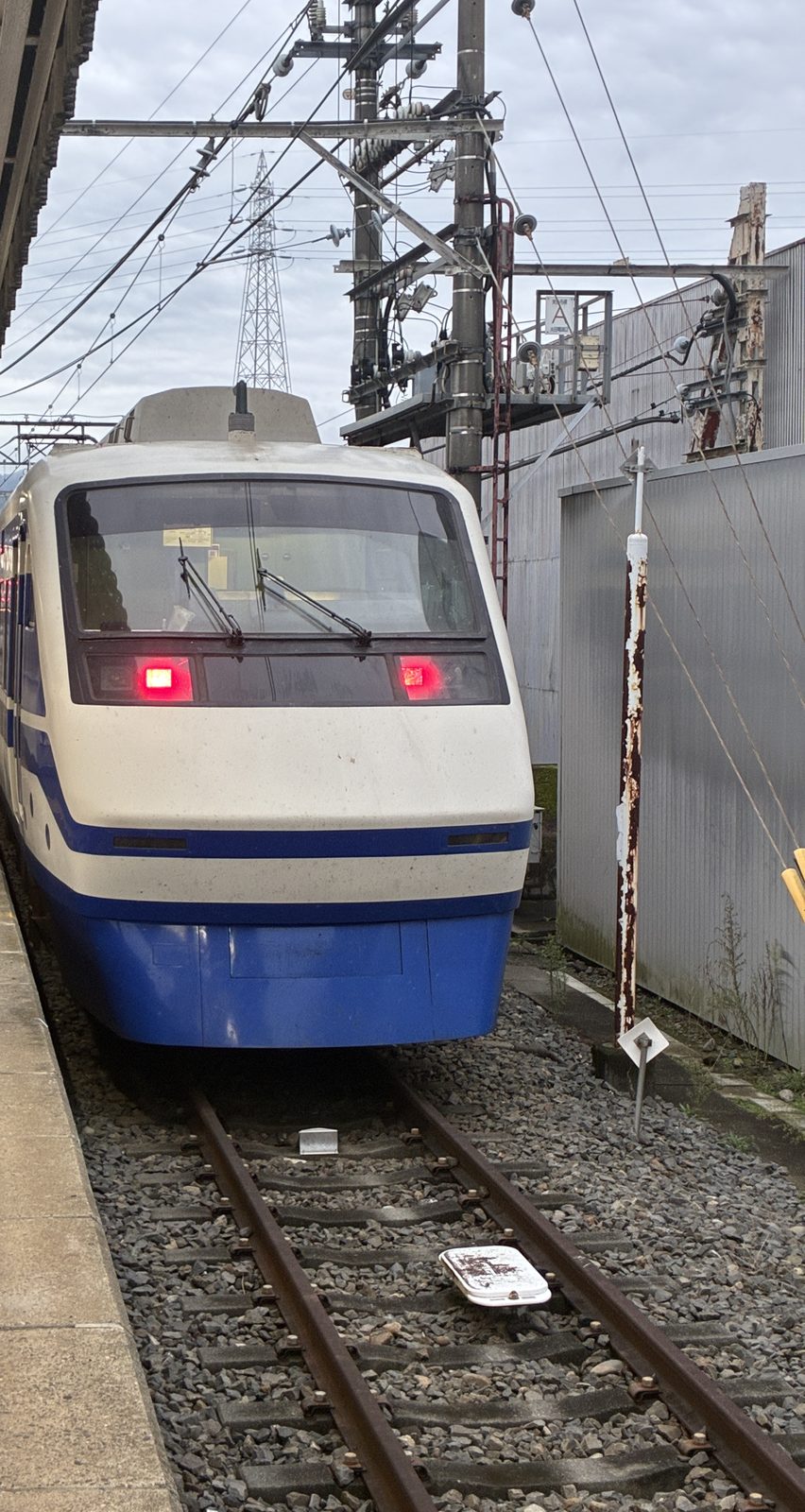 赤城駅に停まる東武の特急りょうもう。白地に青の「カルピス」EXPRESS